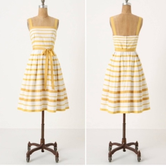 Anthropologie Moulinette Soeurs Golden Yellow Striped Fit & Flare Dress - Picture 2 of 6